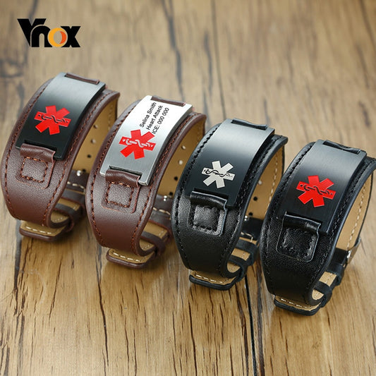 Vnox Free Custom Men ID Wristband Genuine Leather Bracelets with Stainless Steel Medical Bar