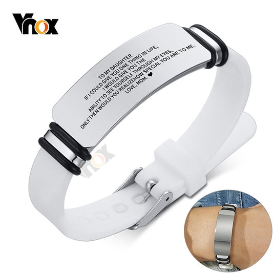 Vnox Casual Personalize Engrave Silicone Bracelets for Men Women Stainless Steel ID Tag Custom Sports Gifts Jewelry
